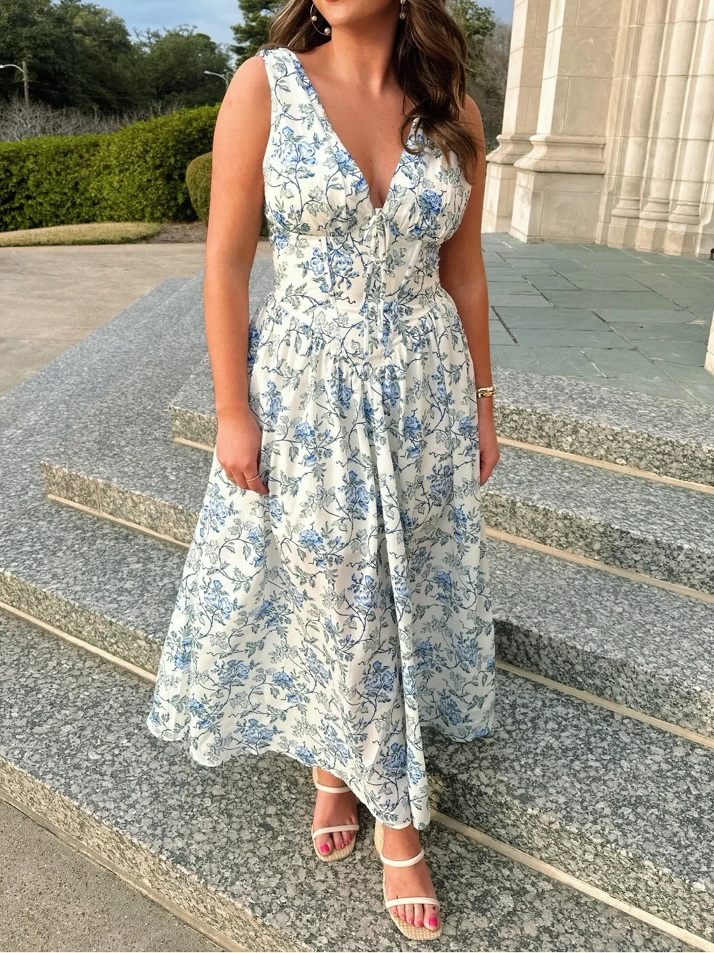 Floral V-Neck Midi Dress in Blue and White